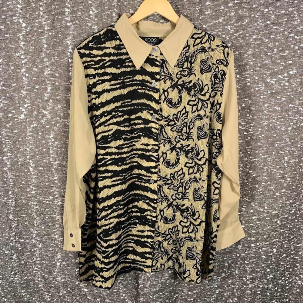 Koos of Course Tan/Black Button Up Patterned Shirt Long Sleeve Boho Women's 2X